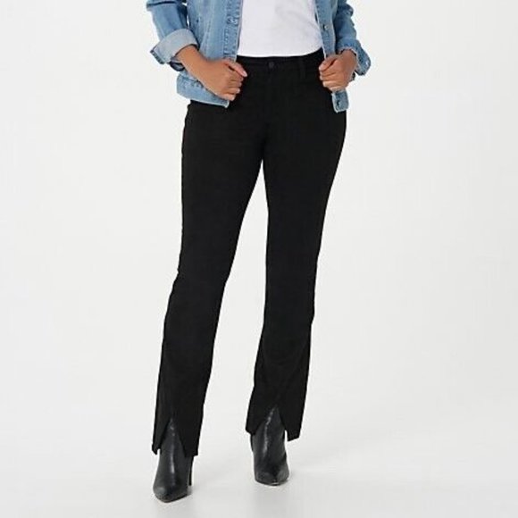 NWT LAURIE FELT STRETCH FAUX SUEDE TRIANGLE HEM BABY BELL PANTS BLACK 2 - Picture 1 of 7